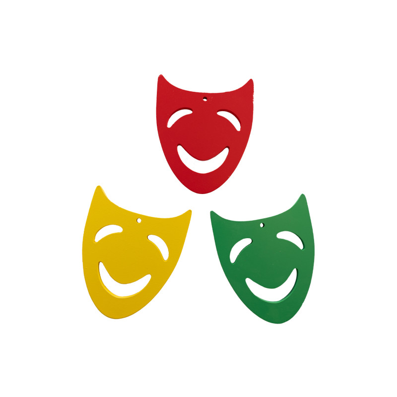 Houten maskers - Rood-Geel-Groen - 9x11cm