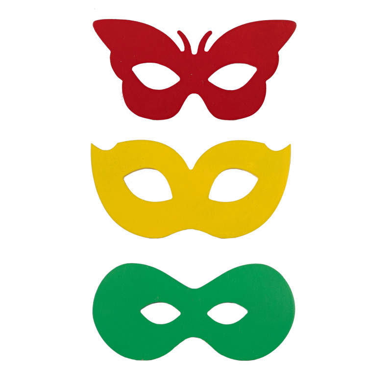 Houten maskertjes - decoratie rood/geel/groen